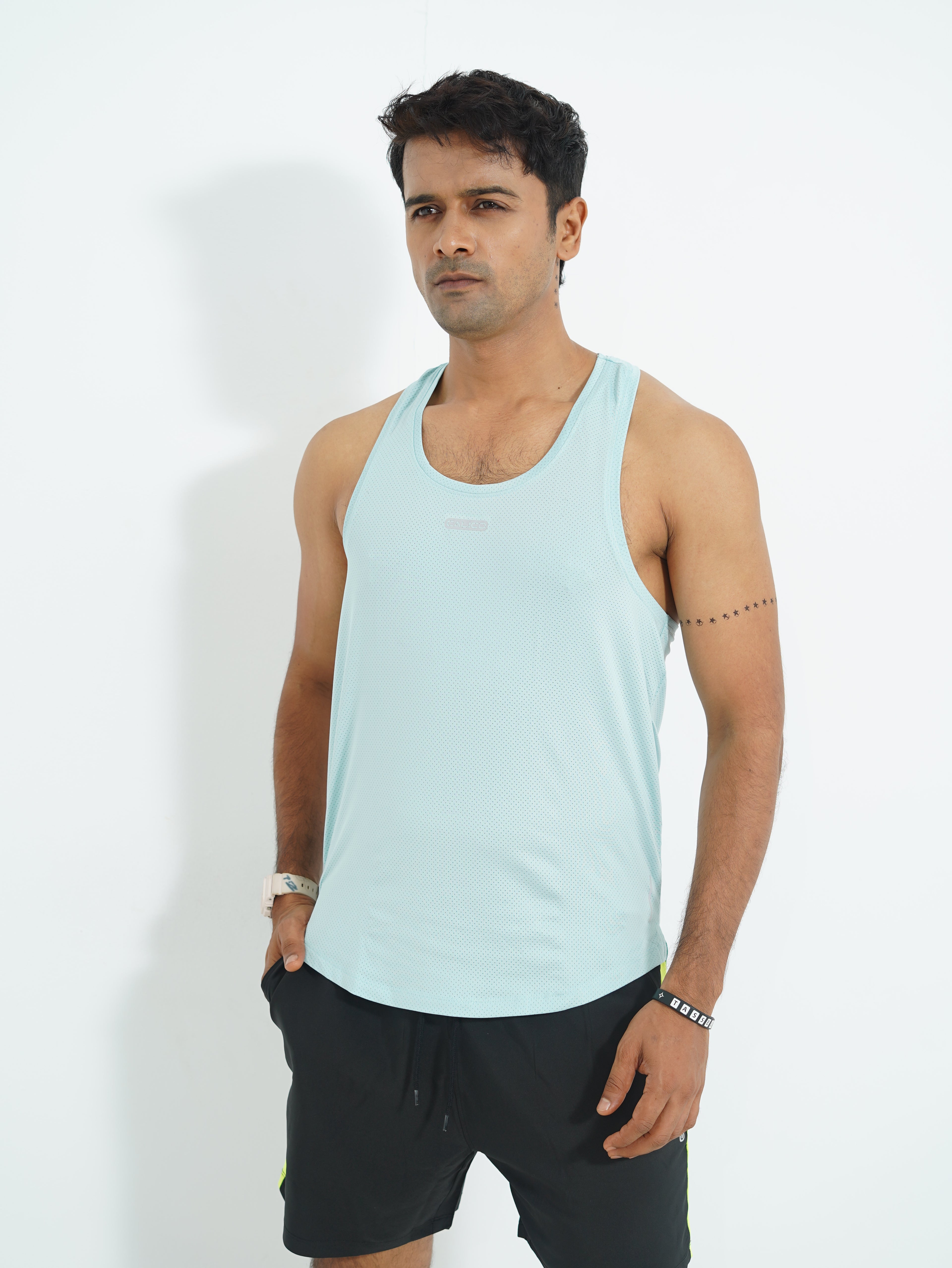 Back Elastic Gym Tank Top Sky Colour