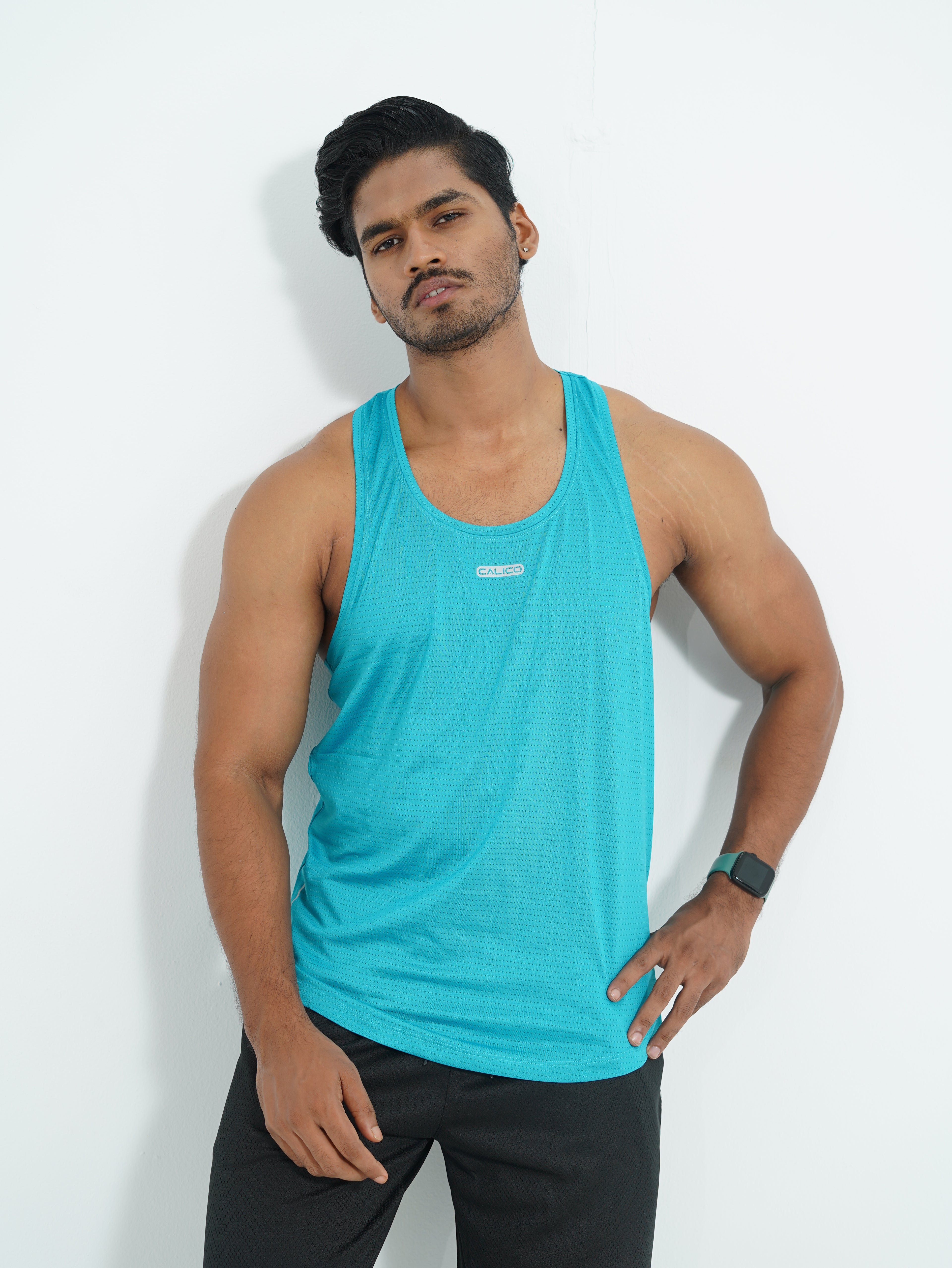 Back Elastic Gym Tank Top Aqua Colour