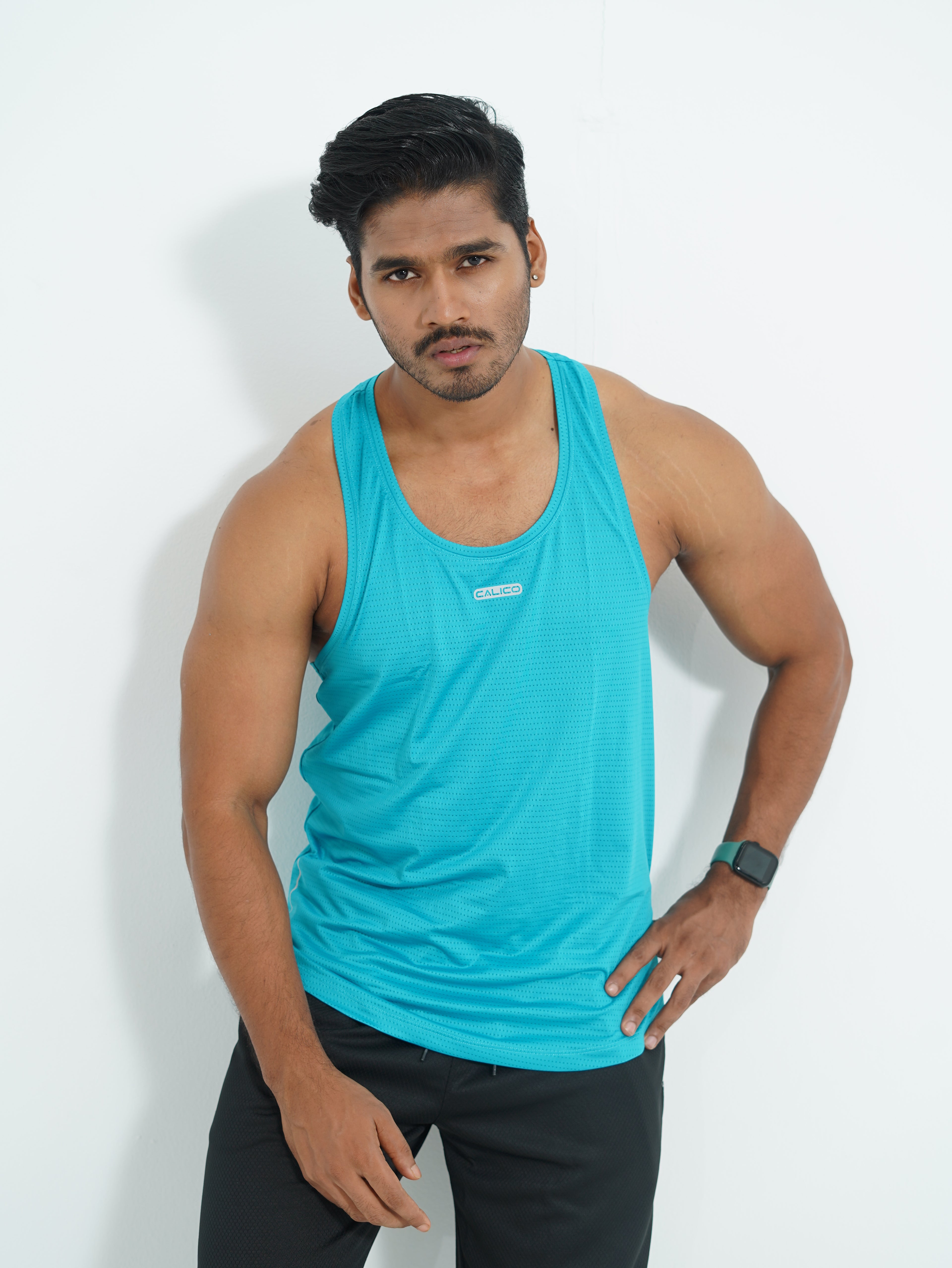 Back Elastic Gym Tank Top Aqua Colour