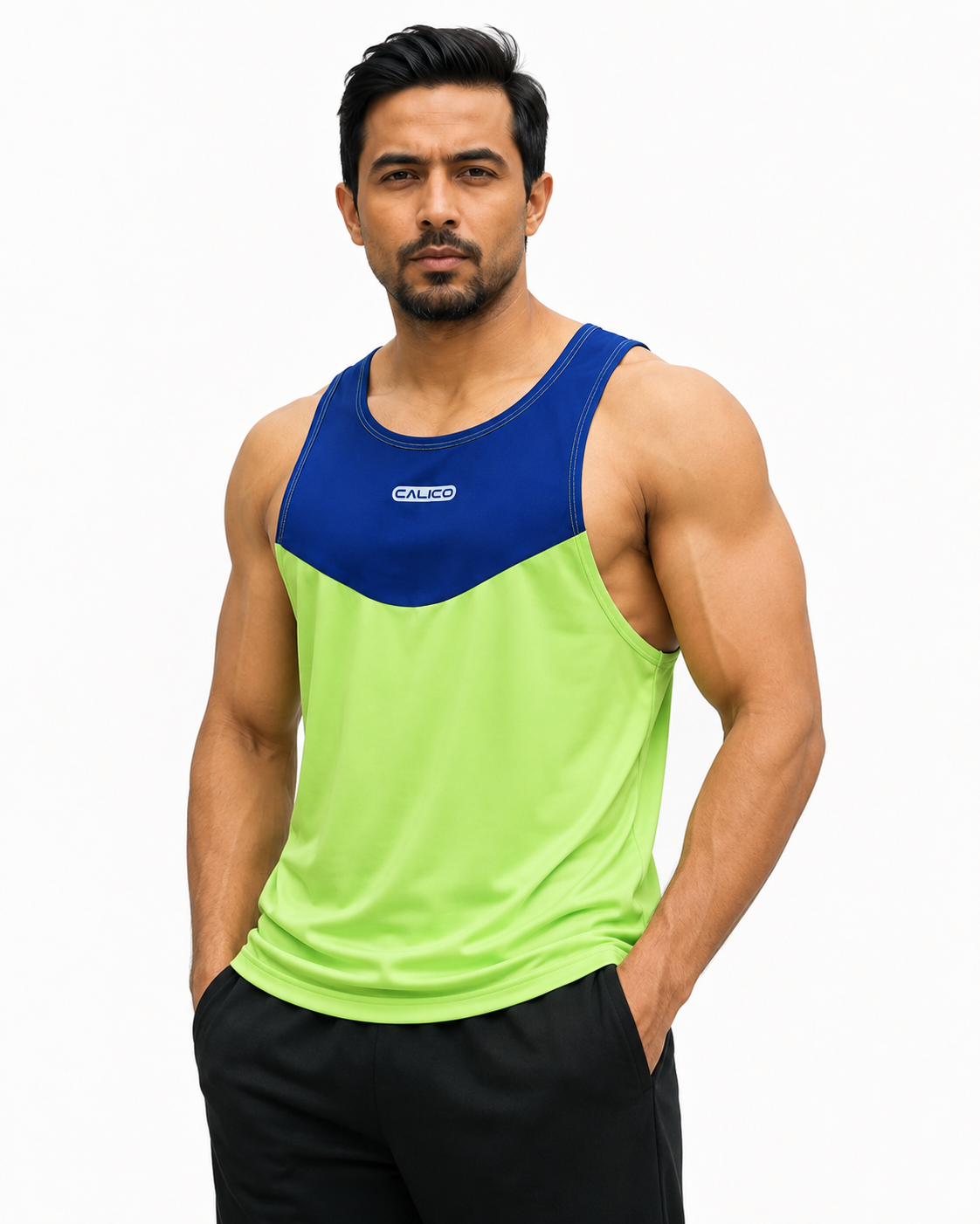 Back Elastic Gym Tank Top Oslo Green X Blue Colour