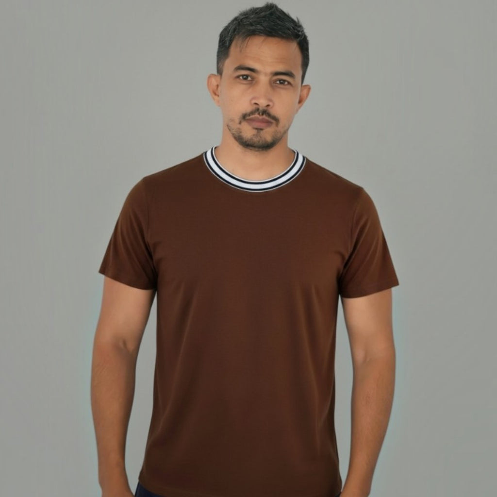 Men Classic Round Neck Cotton Spandex T Shirt - Brown