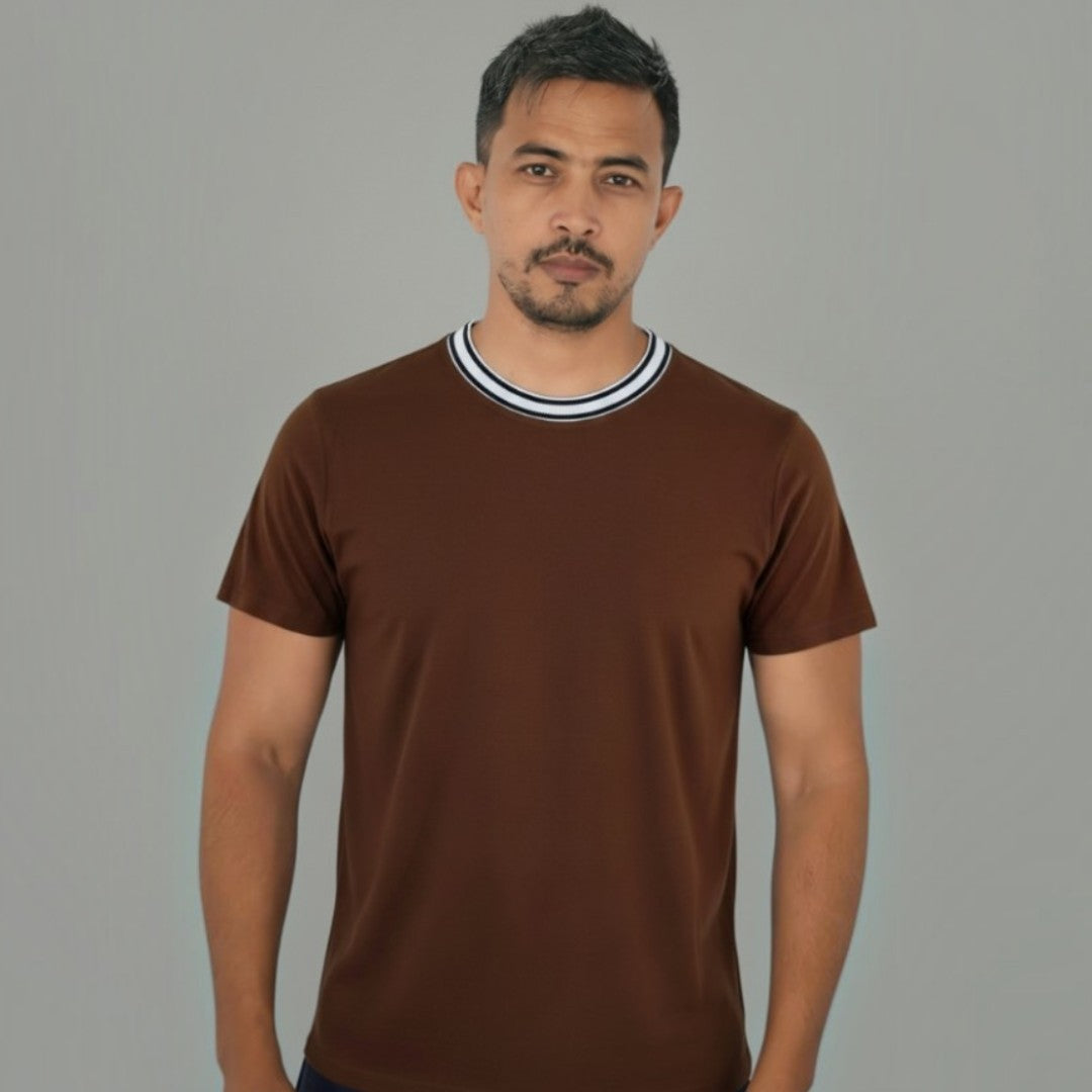 Men Classic Round Neck Cotton Spandex T Shirt - Brown