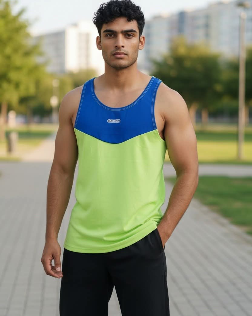 Cut And Sew Gym tank Top -Blue/Flurocent