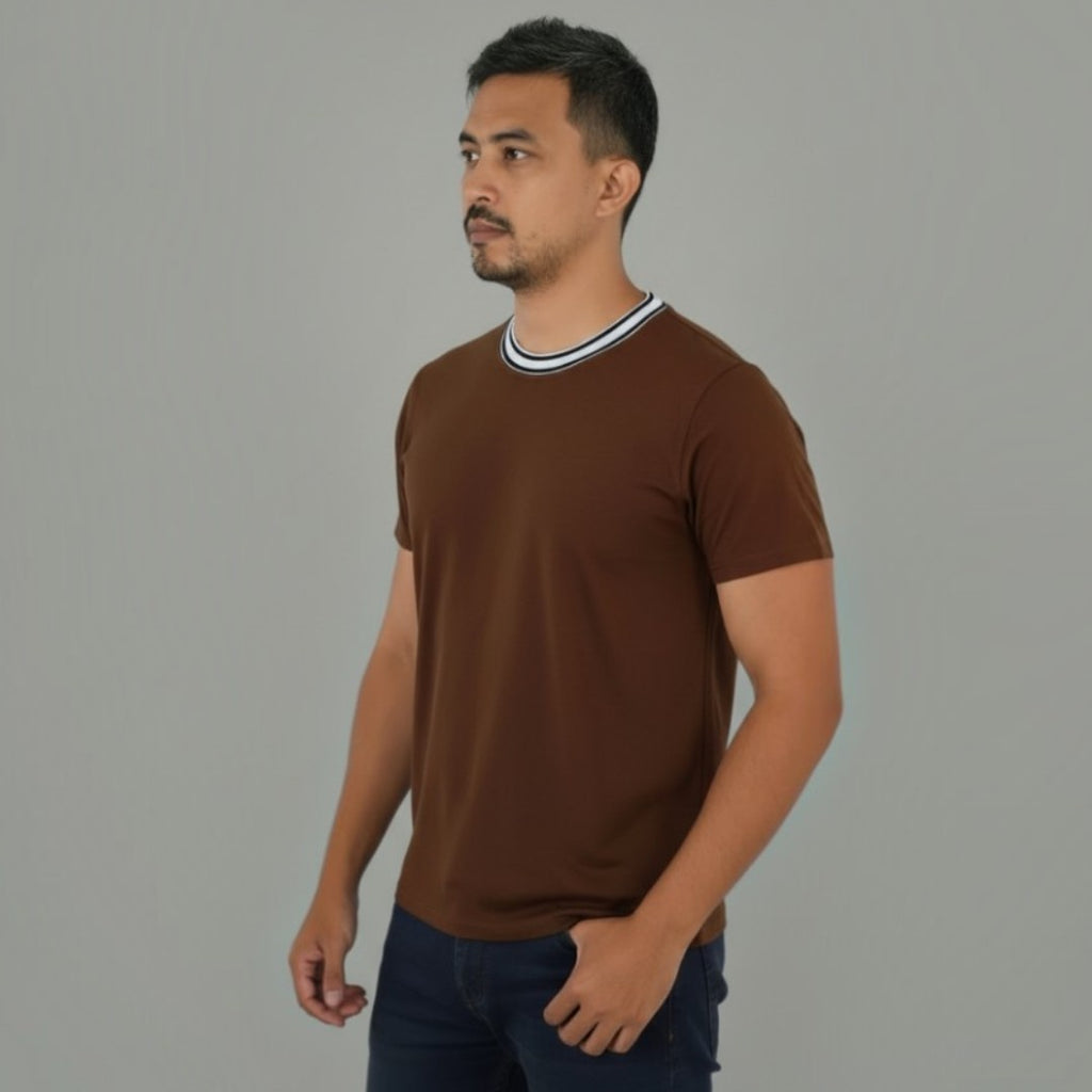 Men Classic Round Neck Cotton Spandex T Shirt - Brown