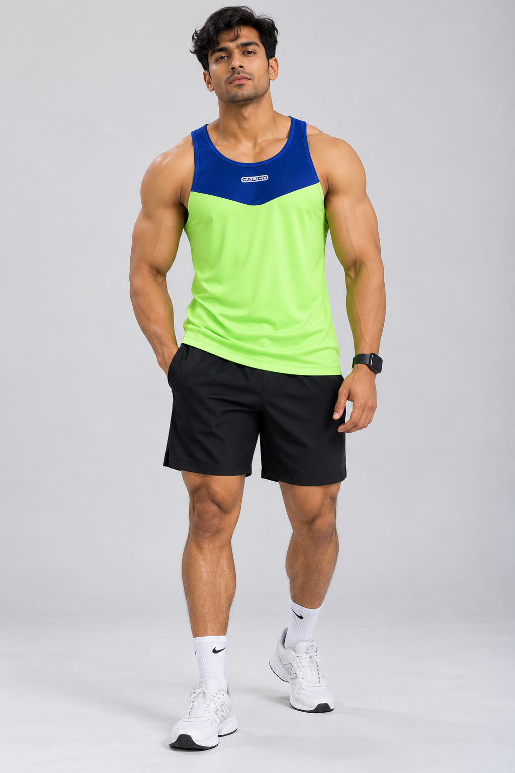 Cut And Sew Gym tank Top -Blue/Flurocent