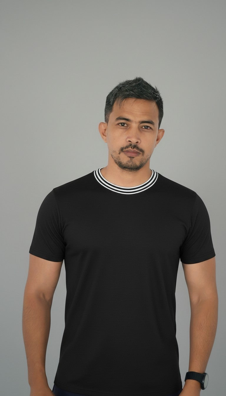 Men Classic Round Neck Cotton Spandex T Shirt - Black