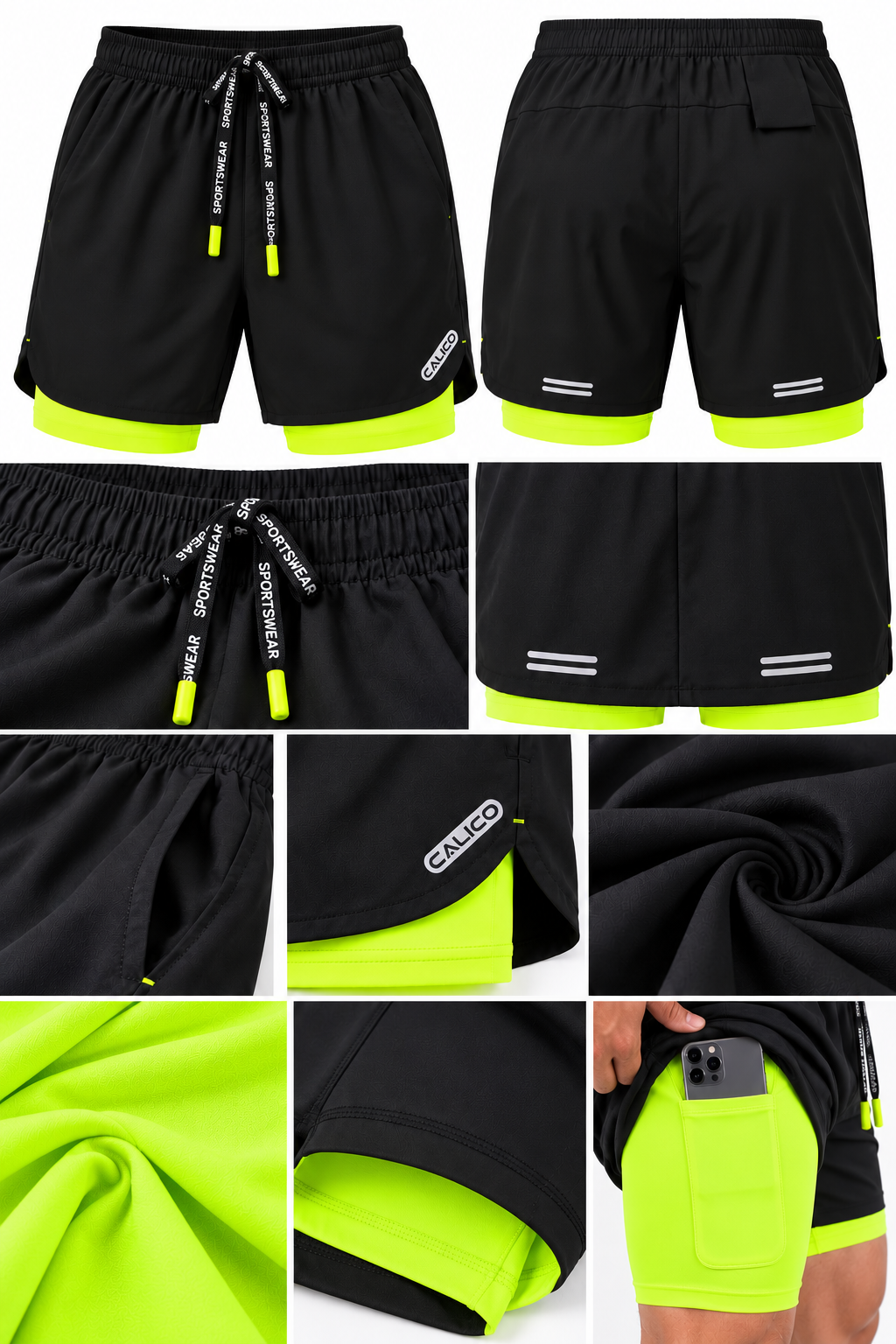 Calico Workout Shorts For Men - Black /flurocent