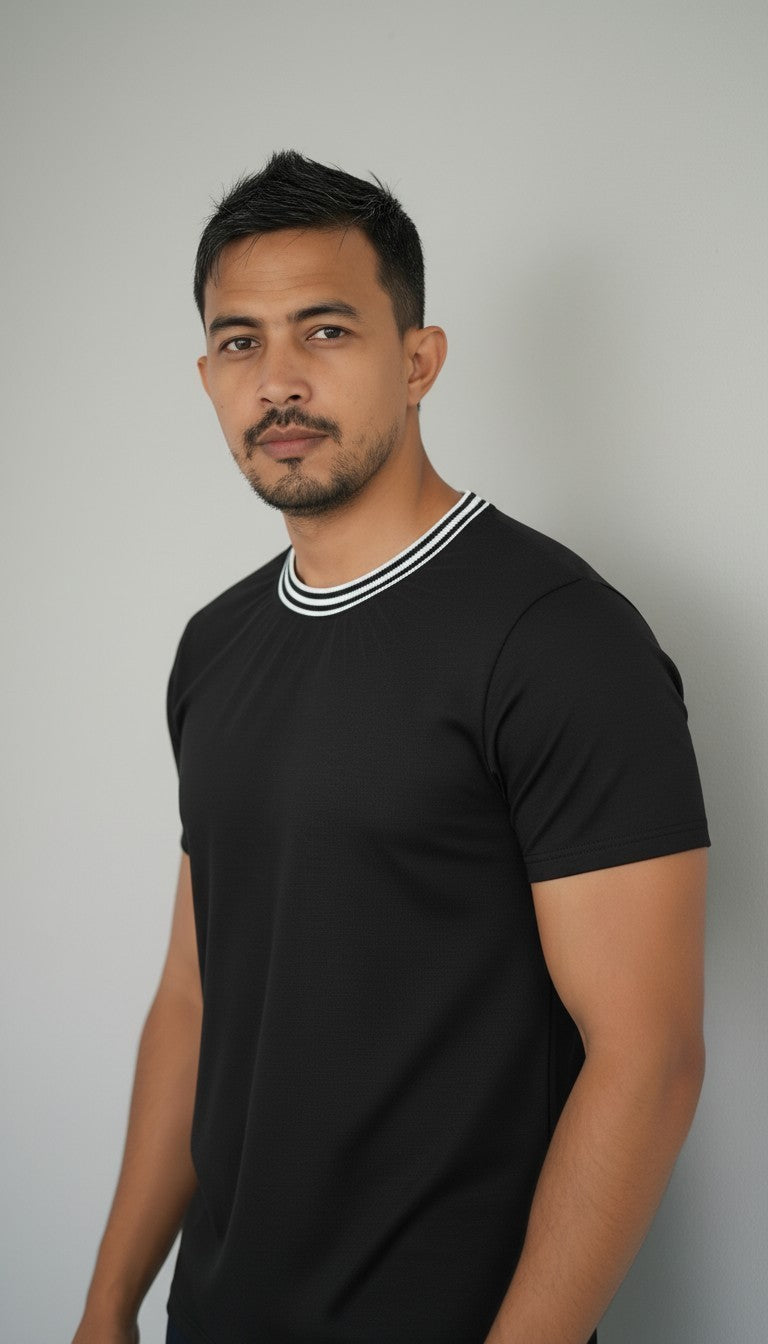 Men Classic Round Neck Cotton Spandex T Shirt - Black