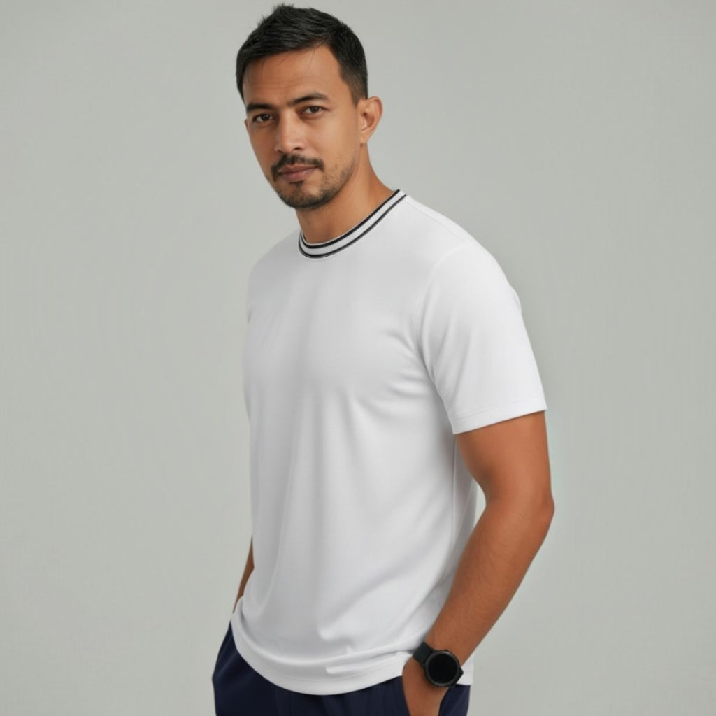 Men Classic Round Neck Cotton Spandex T Shirt - White