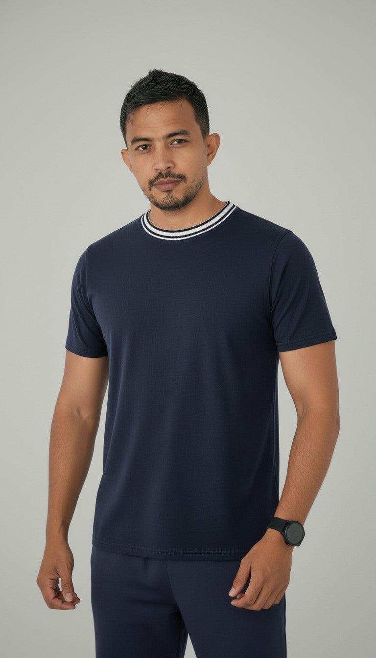 Men Classic Round Neck Cotton Spandex T Shirt - Navy