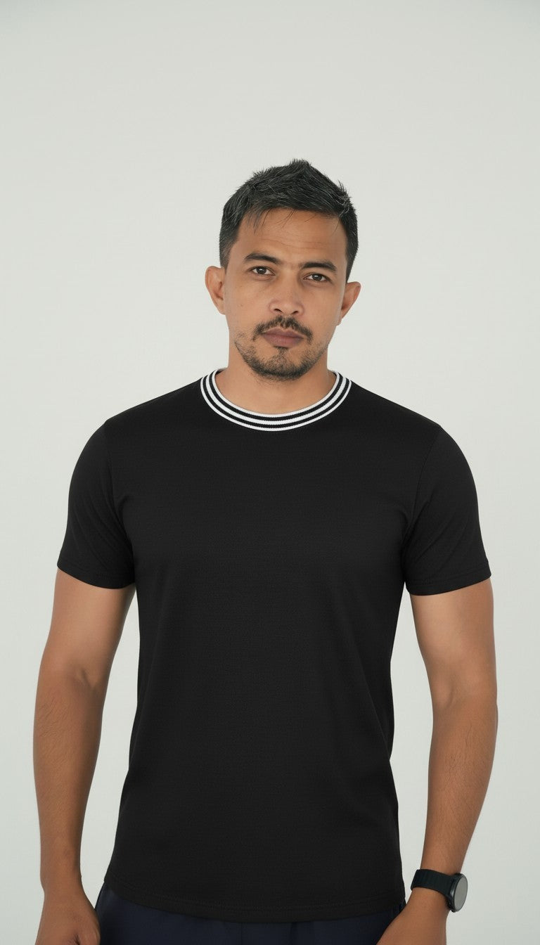 Men Classic Round Neck Cotton Spandex T Shirt - Black