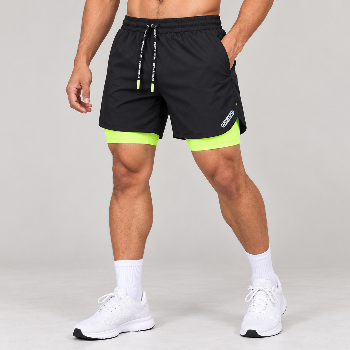 Calico Workout Shorts For Men - Black /flurocent