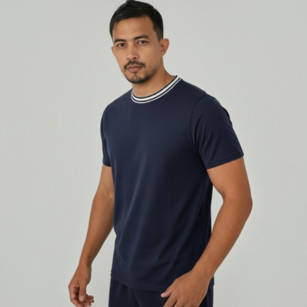 Men Classic Round Neck Cotton Spandex T Shirt - Navy