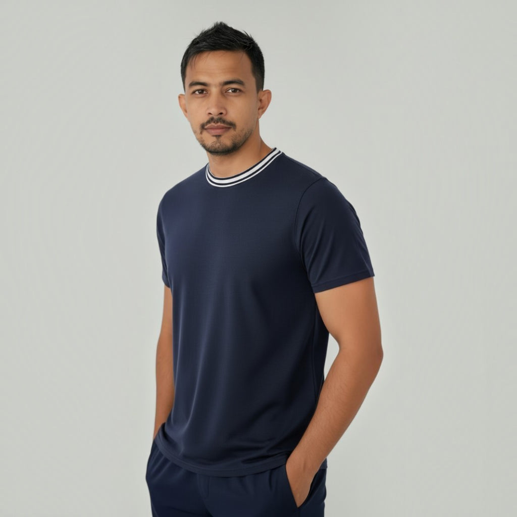 Men Classic Round Neck Cotton Spandex T Shirt - Navy