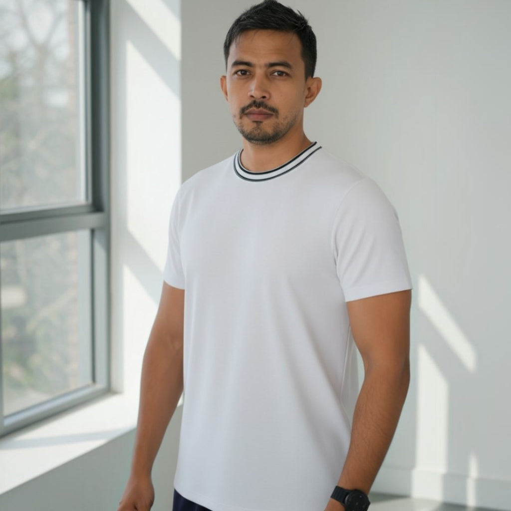 Men Classic Round Neck Cotton Spandex T Shirt - White