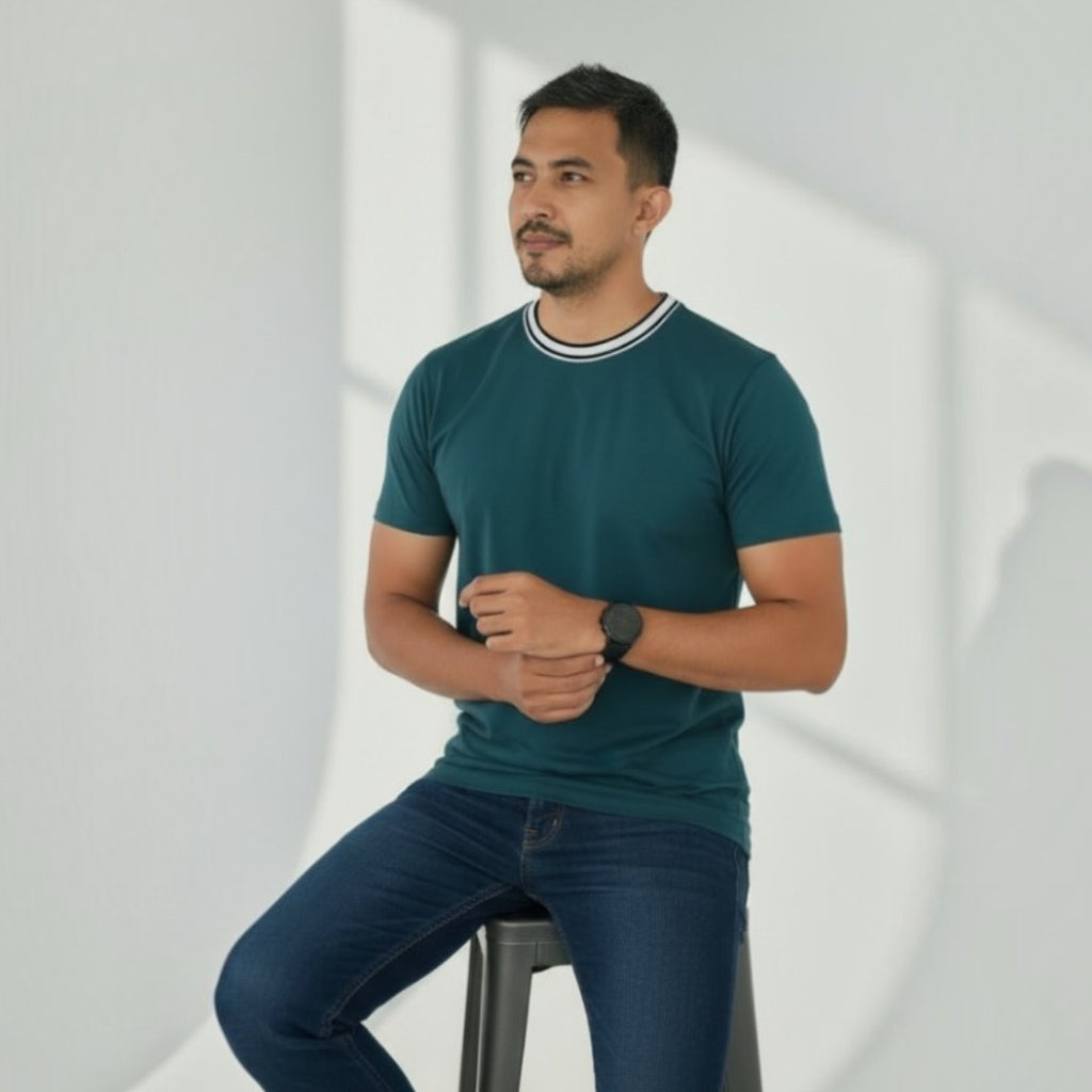 Men Classic Round Neck  Cotton Spandex  T Shirt - Blue Dianne