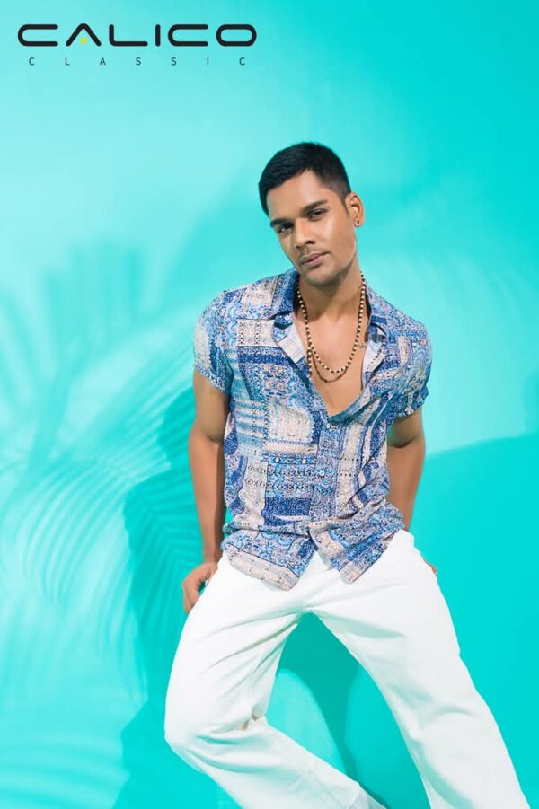 Blue Tile print 100% Viscose fabric shirt for Men